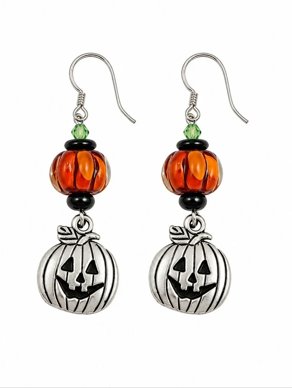 HANDMADE Halloween Lampwork Glass Beaded Pumpkin Dangle Earrings